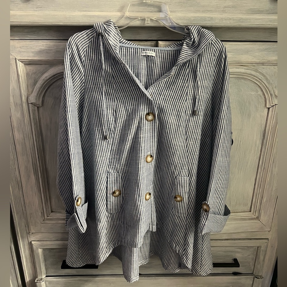 Sigrid Olsen Blue & White Striped Linen Hooded Beachy Jacket